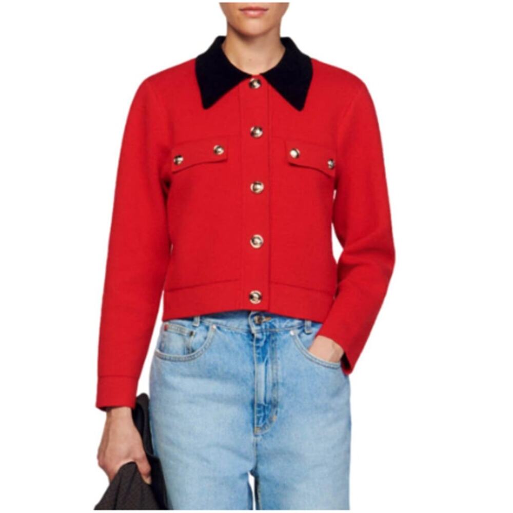 Sandro Sweater Women Small 1 Cropped Coatigan Cardigan Red Preppy Old Money Chic